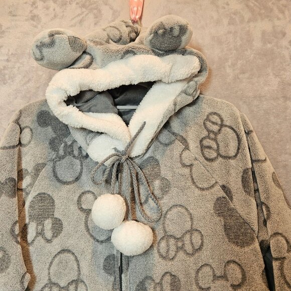 Disney Mickey Mouse Hooded Womens Large One piece Pajamas Hood Ears Pom-Poms Zip - Picture 3 of 13